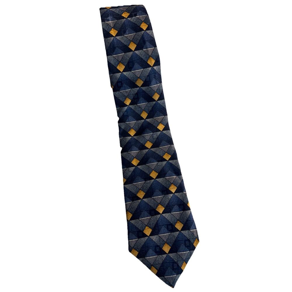 Christian Dior Blue Yellow/ Tan 100% Silk Patterned Geometric Tie